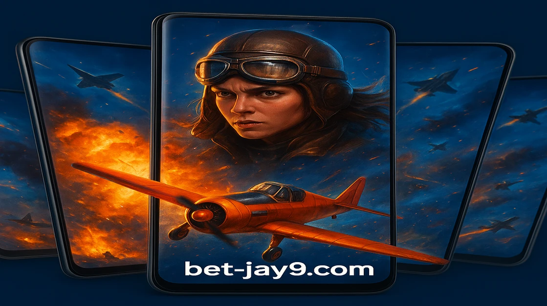 jay9 এর প্ল্যাটফর্মে গগলস পরা নারী পাইলট লাল বিমানটি মহাকাশ ও অগ্নির মাঝেই উড়ছে; উপরে অ্যাভিয়েটর গেম-এর শিরোনাম লেখা আছে।