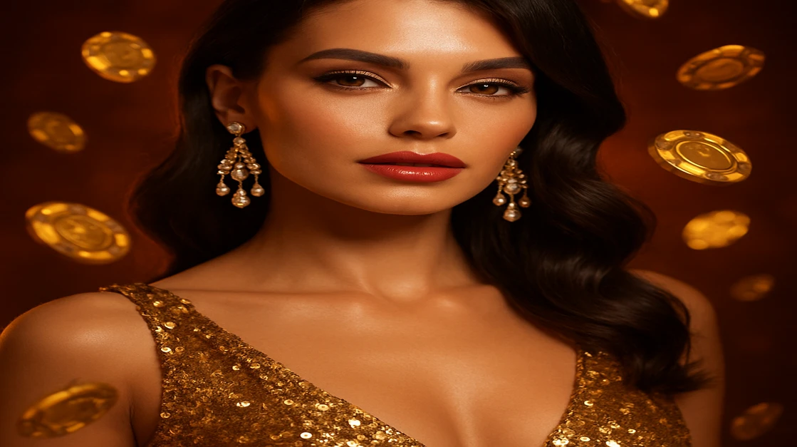 jay9 গেমিং প্ল্যাটফর্মের সাথে এক মোহময় নারী, সোনালি পোশাক ও ঝলমলে কানের দুল পরিহিত, চারদিকে ভাসমান টোকেন ও জ্বলন্ত আলোতে ঘেরা।